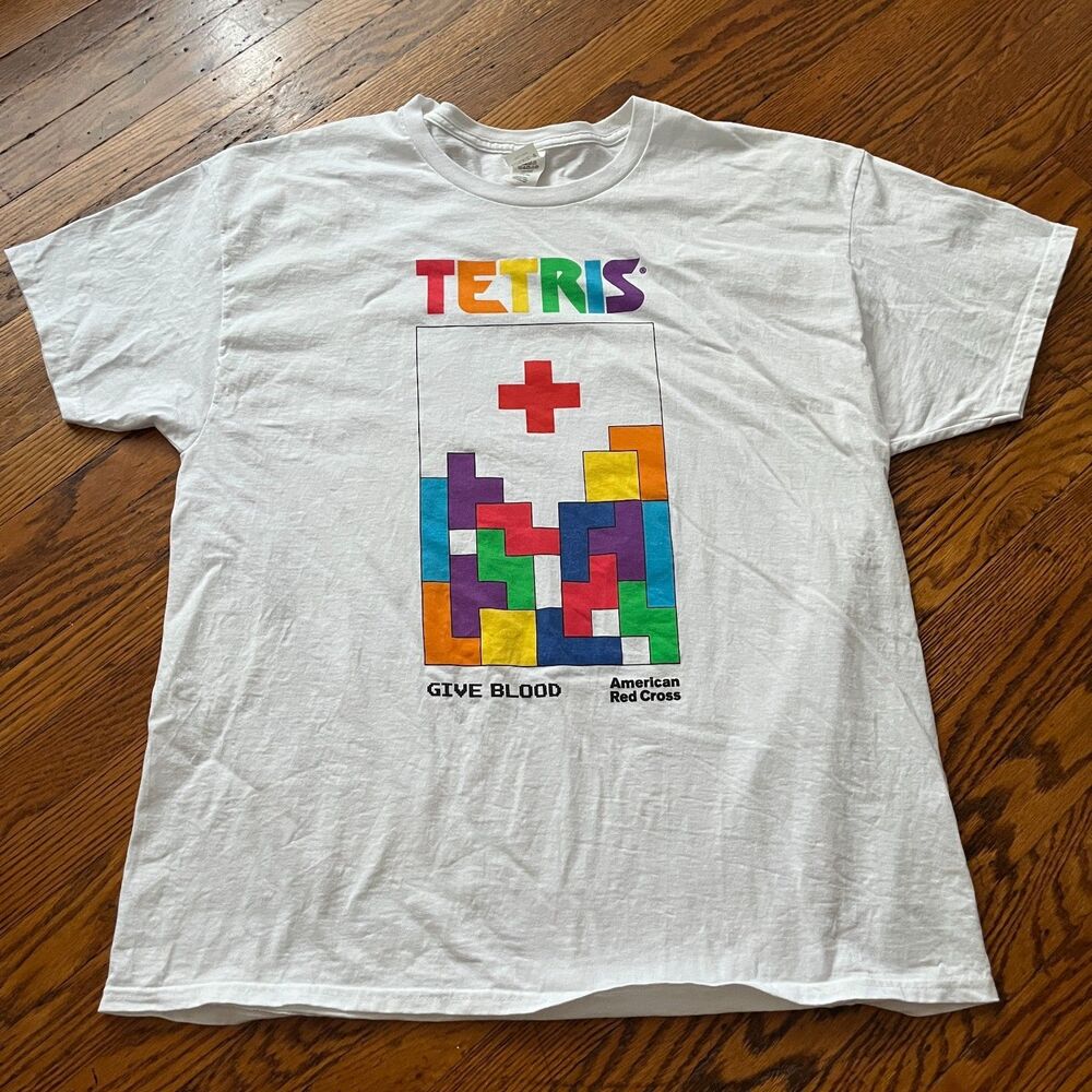 American Red Cross Tetris 40th Anniversary Hanes White T Shirt Mens Size XL
